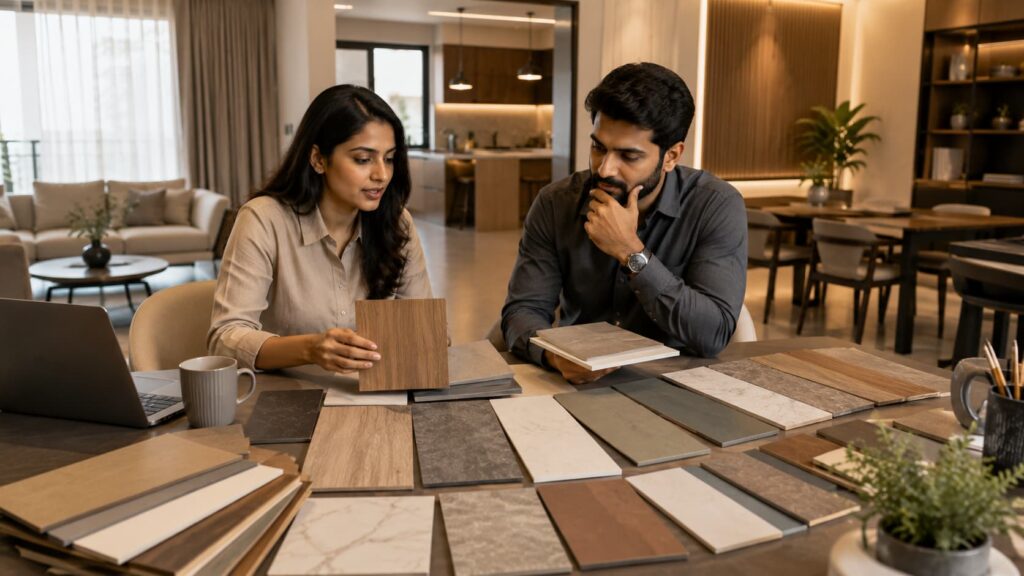 Interior designer selecting Sunmica sheet samples for a Bangalore home