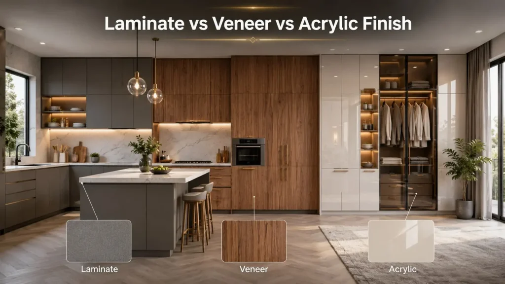 Modern home interior showing acrylic kitchen cabinets, veneer TV unit, and laminate wardrobes.