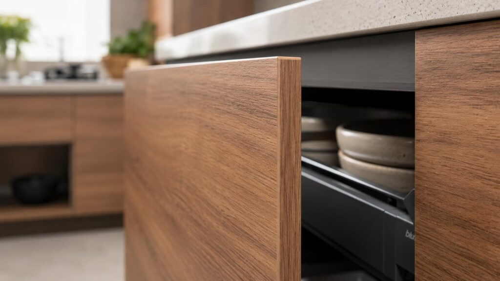 PVC edge banding on modern modular kitchen cabinet