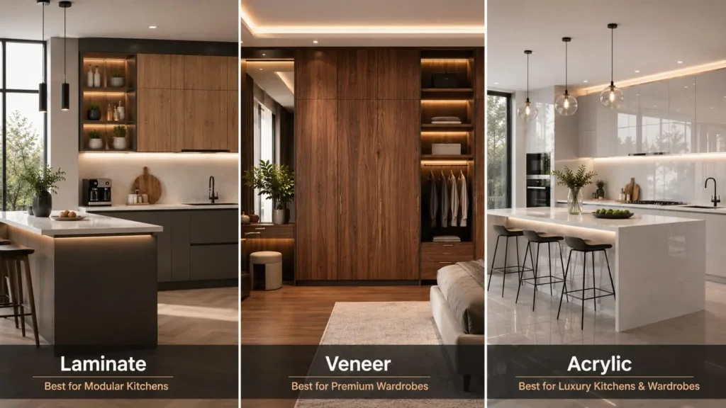 Modern modular kitchen with durable matte laminate cabinets.