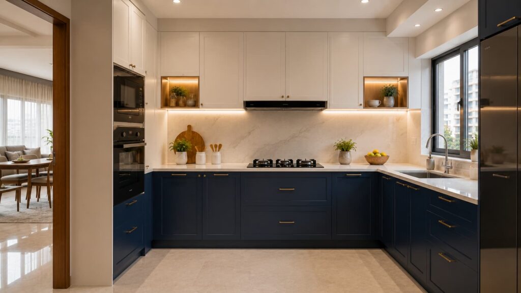 Dark lower and light upper L-shaped modular kitchen