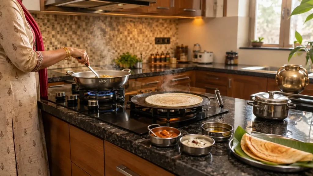 Dark granite kitchen countertop for Indian cooking