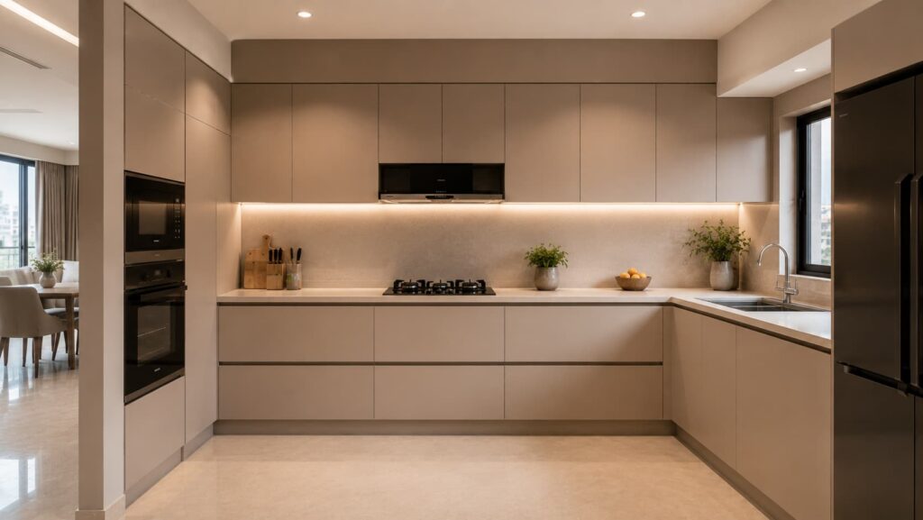 Minimal handleless L-shaped modular kitchen