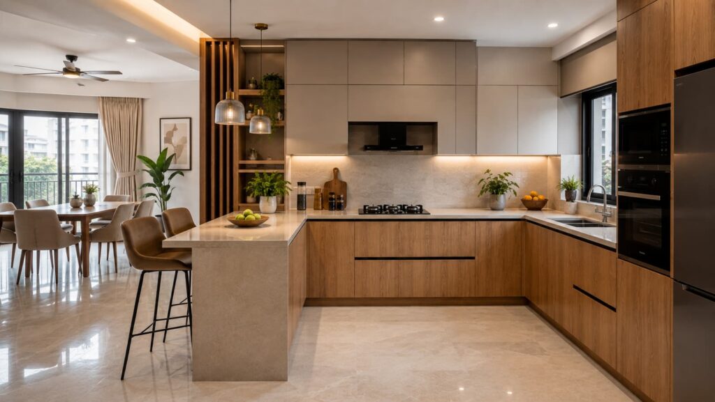 L-shaped modular kitchen with breakfast counter