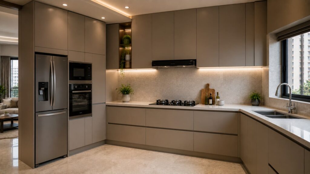 L-shaped modular kitchen with built-in appliances