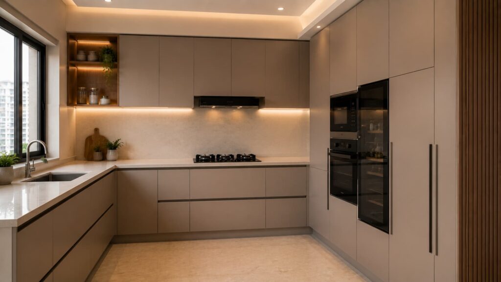 L-shaped modular kitchen with full-height cabinets