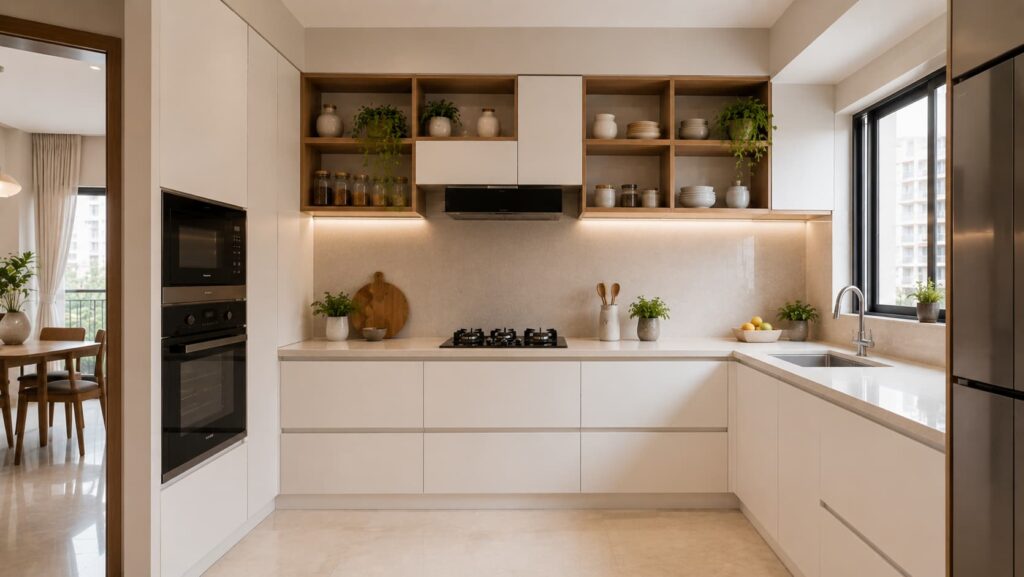 L-shaped modular kitchen with open wooden shelves