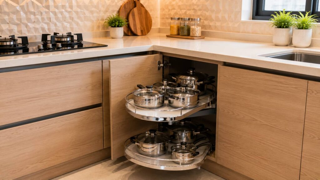 Smart corner storage solution for L-shaped modular kitchen