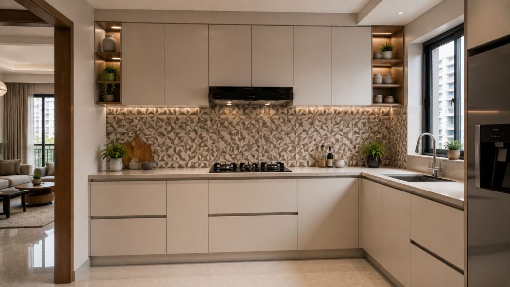 L-shaped modular kitchen with statement backsplash
