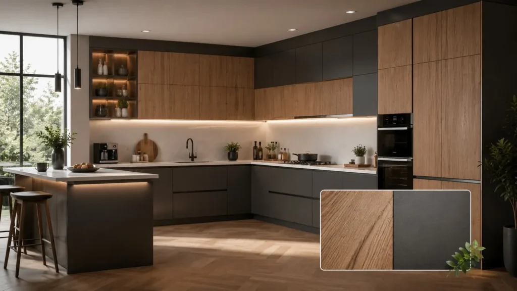 Comparison of laminate, veneer, and acrylic finishes for modular kitchens and wardrobes.