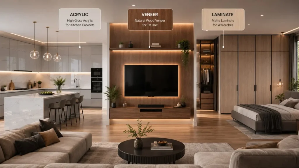 Laminate vs veneer vs acrylic finish comparison for modular kitchens and wardrobes.
