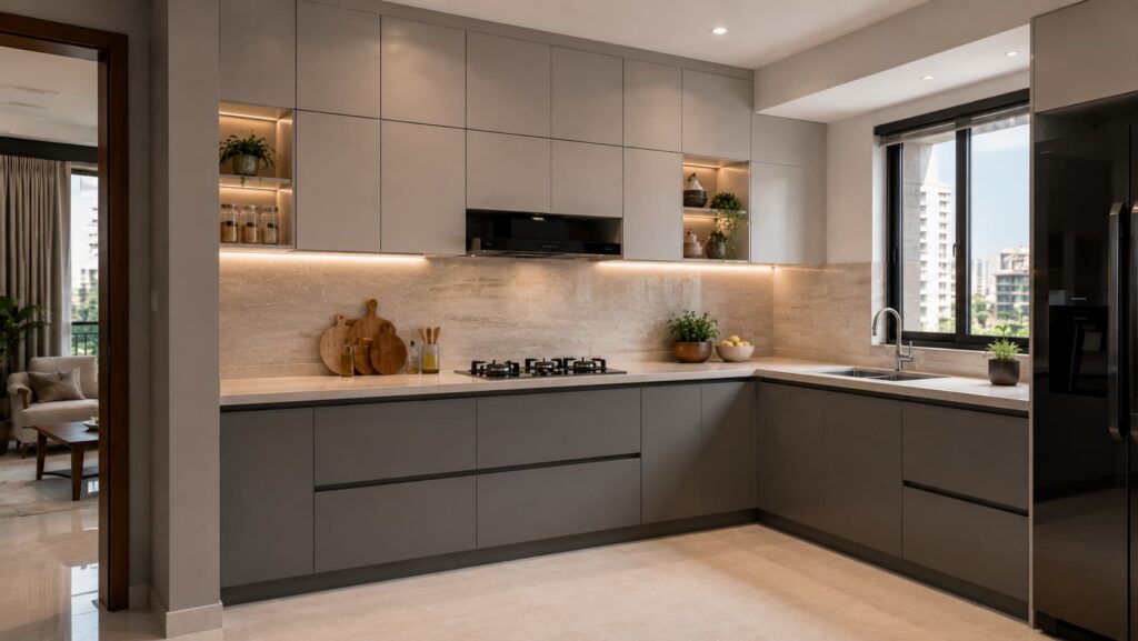Matte grey L-shaped modular kitchen design