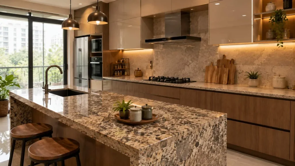 Modern modular kitchen with granite countertop in Bangalore