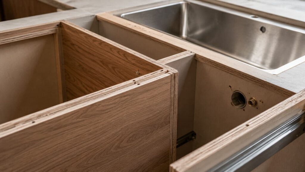 Plywood cabinet edges joints and sink cut-out for moisture protection