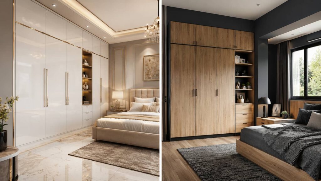 Modern living room showcasing PU Finish vs Laminate furniture finishes with matte PU TV unit and wood-grain laminate cabinets.