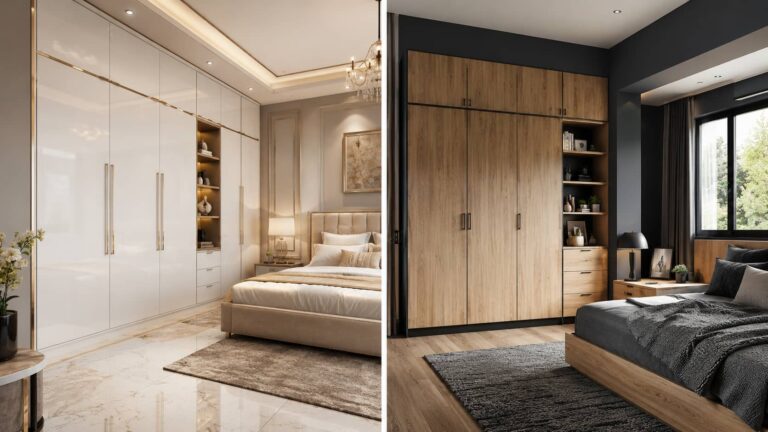 Modern living room showcasing PU Finish vs Laminate furniture finishes with matte PU TV unit and wood-grain laminate cabinets.