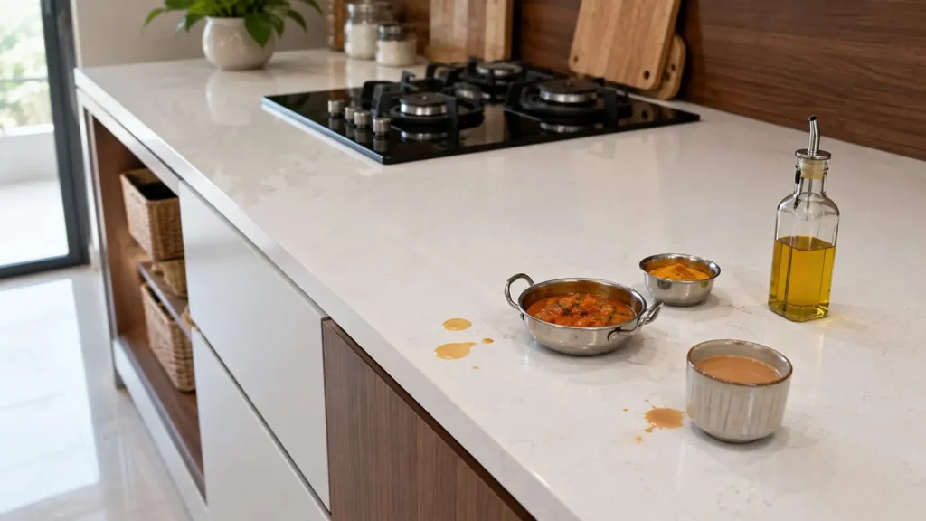 White quartz kitchen countertop with gas stove
