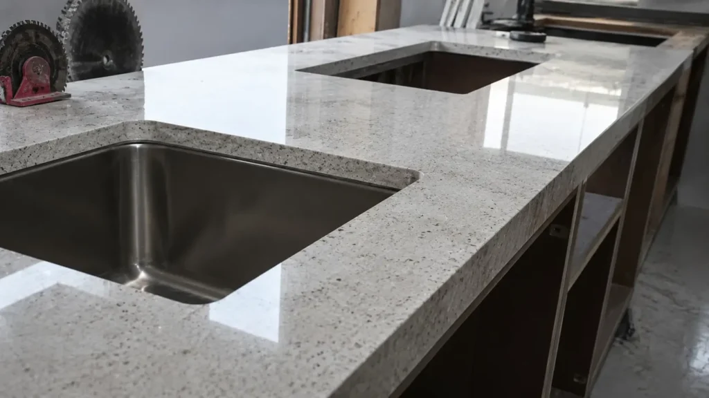 Quartz and granite countertop fabrication with sink cutout
