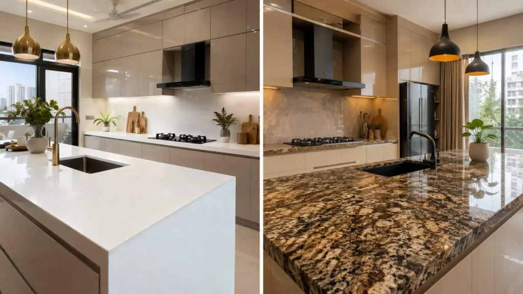 Quartz vs granite kitchen countertop comparison in Bangalore
