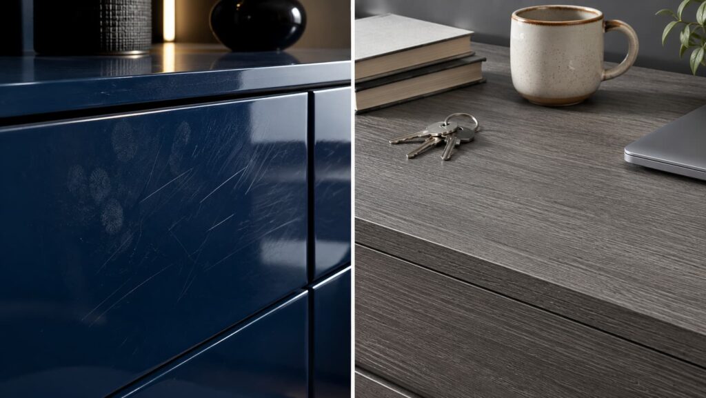 Close-up comparison showing scratches on glossy PU finish and scratch-resistant laminate surface.