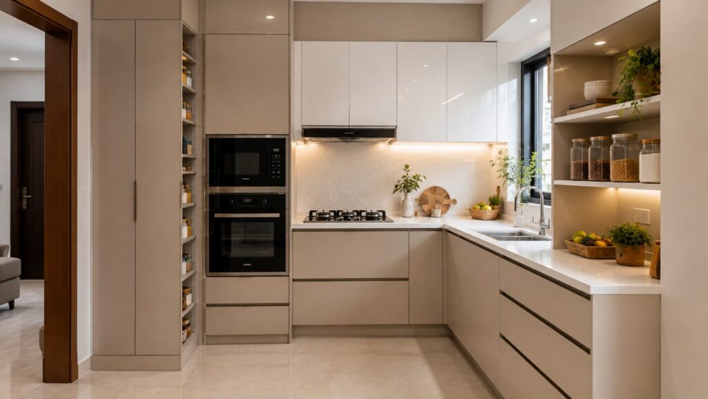 Small L-shaped modular kitchen with tall storage cabinets