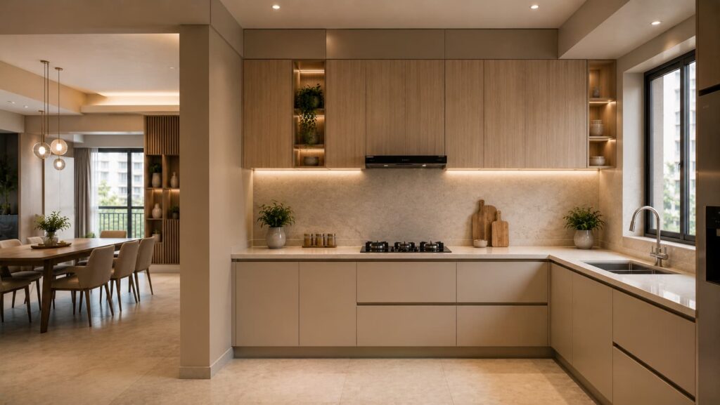 Warm neutral L-shaped modular kitchen design