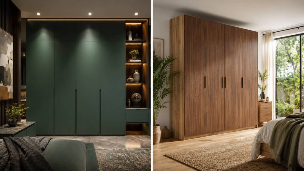 Modern living room showcasing PU Finish vs Laminate furniture finishes with matte PU TV unit and wood-grain laminate cabinets.
