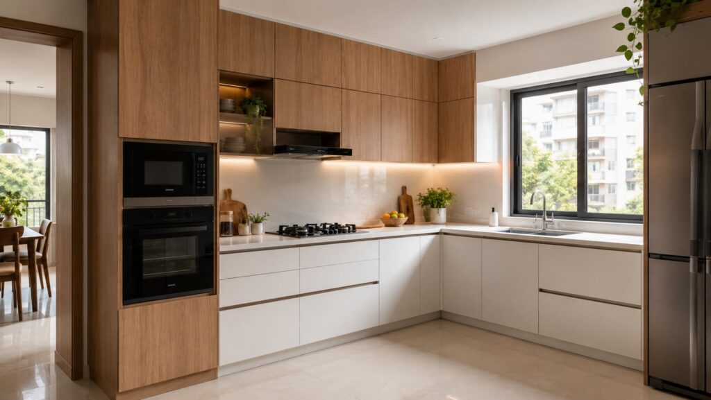 White and wood L-shaped modular kitchen design