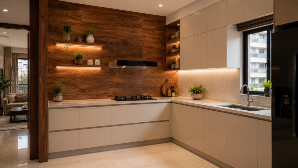 L-shaped modular kitchen with wood-finish feature wall