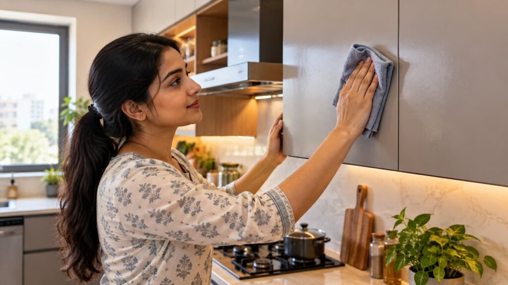 person cleaning modular kitchen cabinet surfaces with a soft cloth