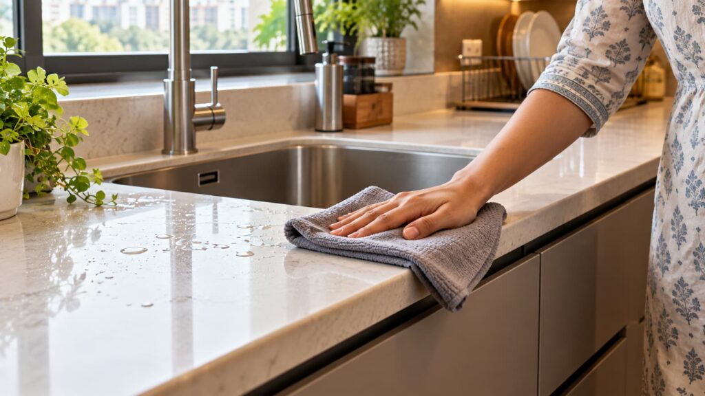 wiping water from modular kitchen countertop and cabinet near sink