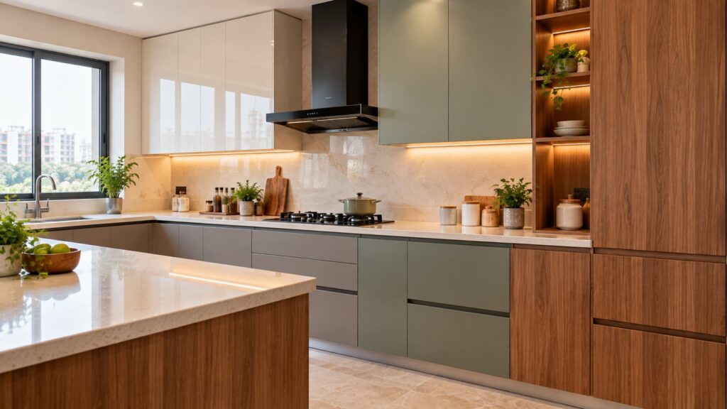 laminate acrylic PU and veneer modular kitchen cabinet finishes
