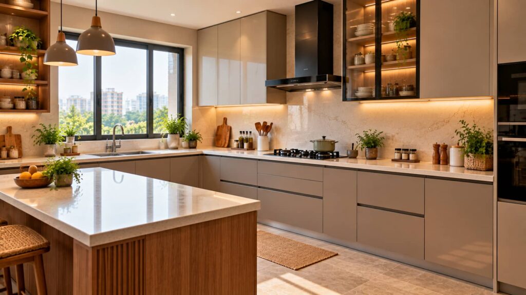 Modern modular kitchen with clean and well-maintained cabinets