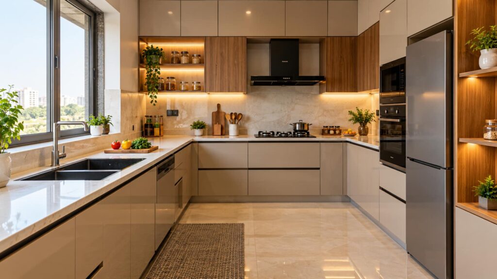 well-maintained modular kitchen with clean cabinets and countertop