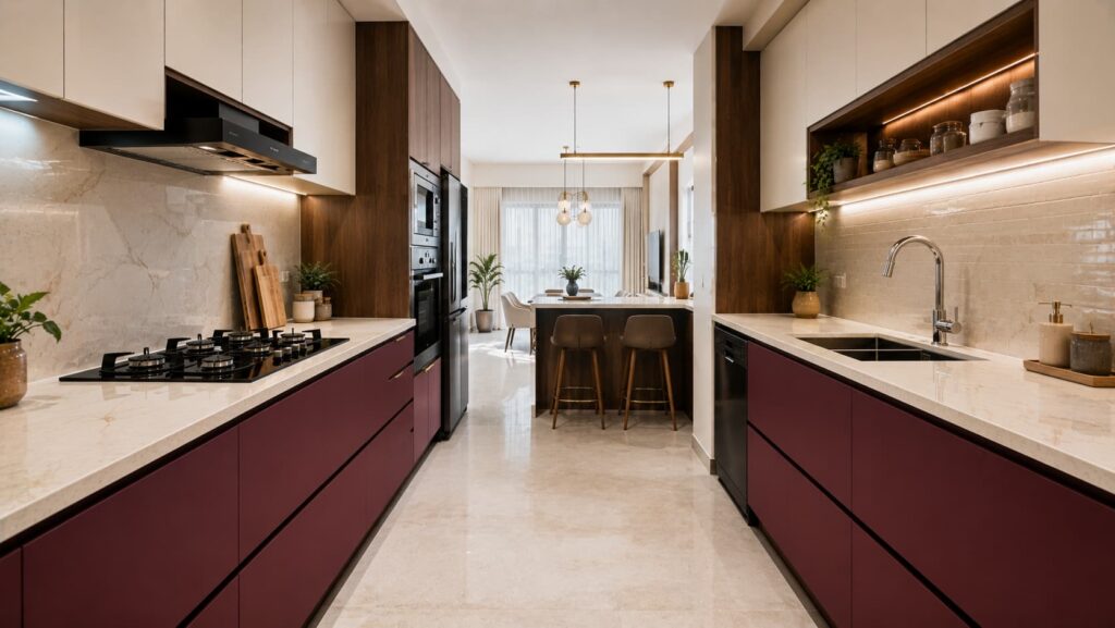 Burgundy and cream parallel modular kitchen with breakfast counter