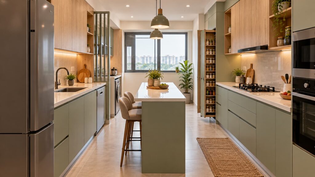 Compact island kitchen with breakfast seating for a 2BHK apartment
