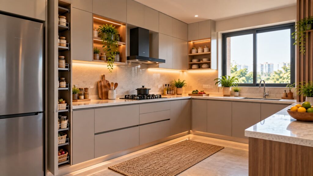 Finished modular kitchen with organised cabinets drawers and efficient storage