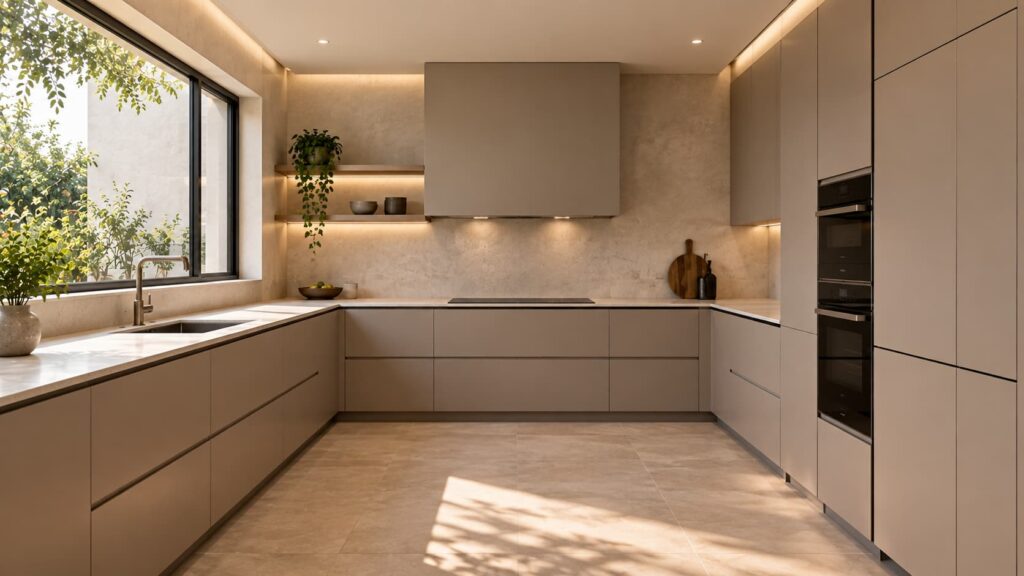 Minimalist handleless U-shaped kitchen with sleek integrated cabinetry