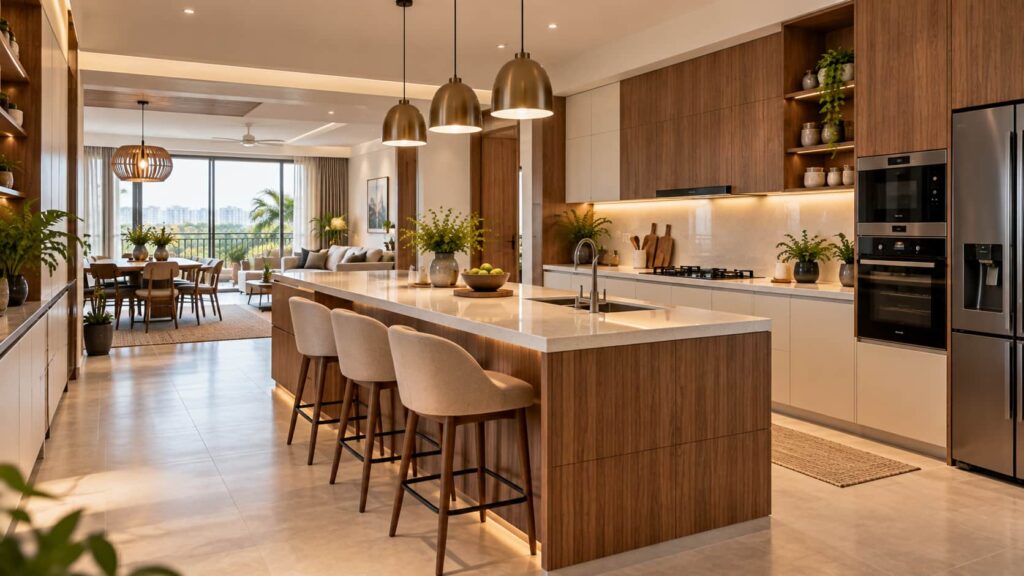 Contemporary island kitchen design in Bangalore with a spacious central kitchen island