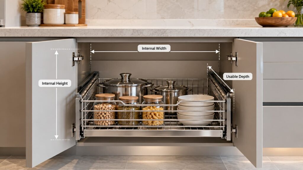 Kitchen basket size guide showing cabinet width height and depth measurements