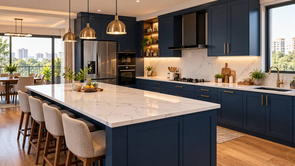 Modern Indian kitchen with a white quartz countertop and navy blue cabinets