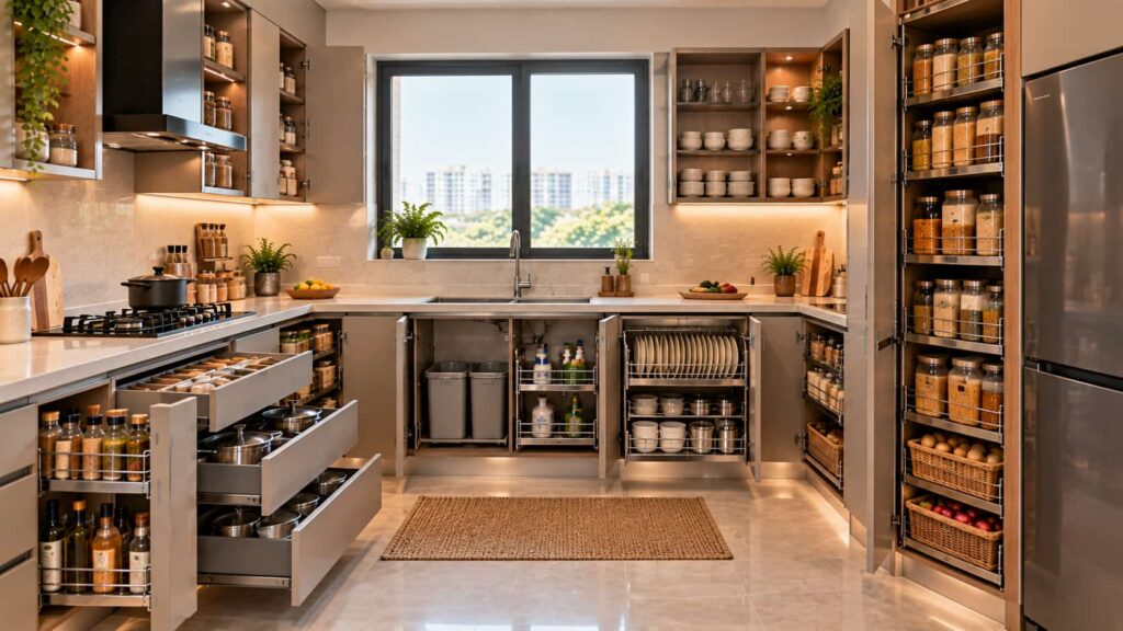 Modular kitchen storage zones for cooking crockery sink and pantry items