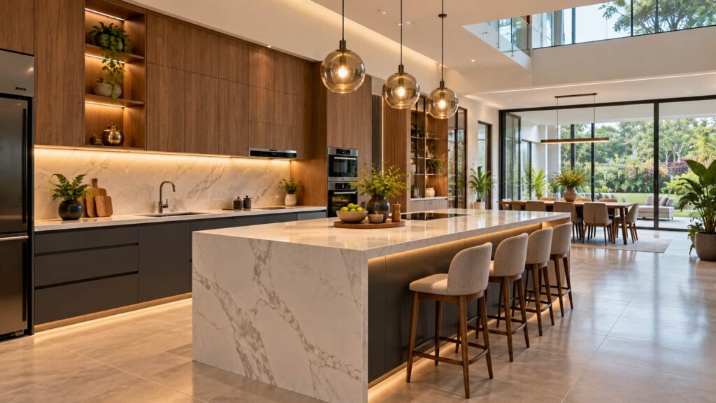 Luxury island kitchen with a large central island in a Bangalore villa