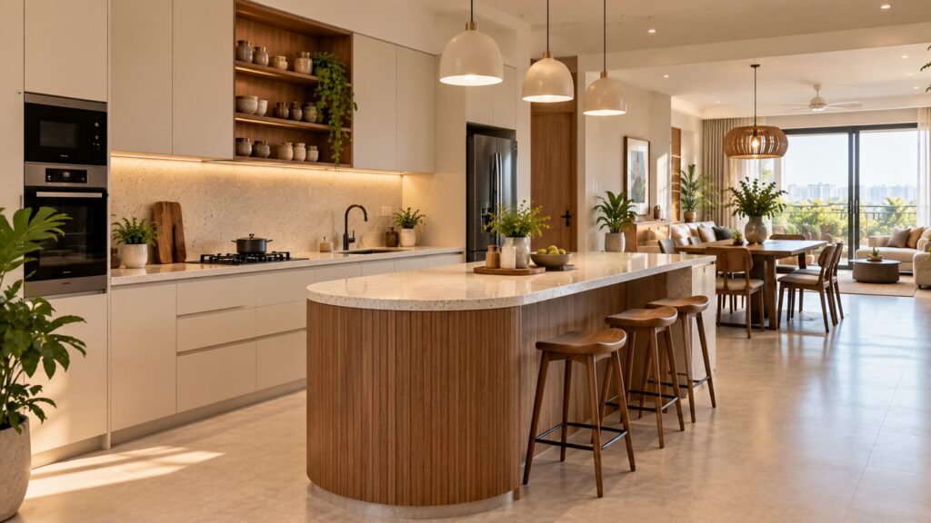Minimalist island kitchen with breakfast seating in a Bangalore home