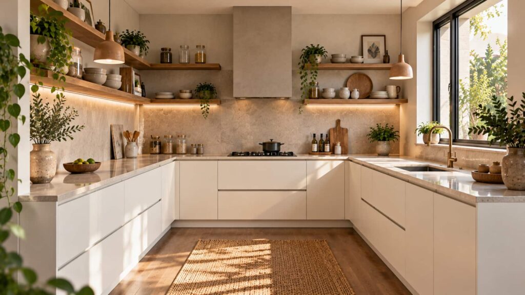 Minimalist U-shaped kitchen featuring open wooden shelves and simple cabinetry