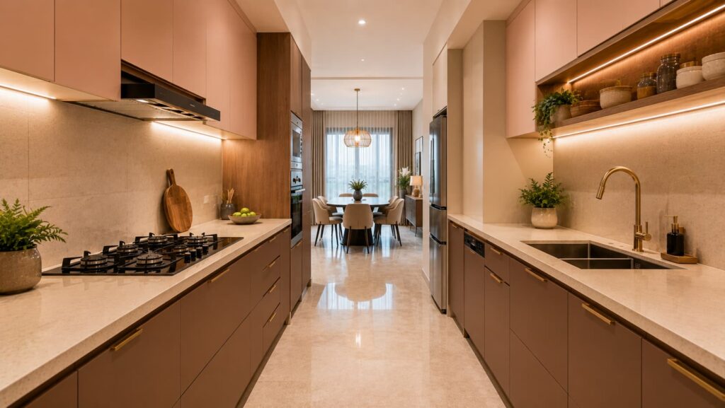 Mocha brown and pale peach warm neutral parallel kitchen design