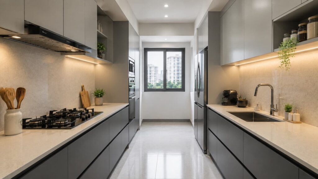 Navy blue and grey parallel kitchen with smart storage