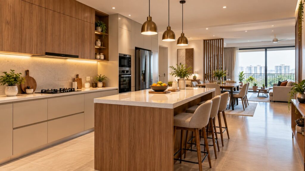 Modern island kitchen design in a Bangalore apartment