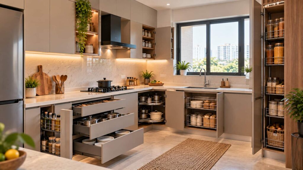 Modern modular kitchen with organised storage accessories and kitchen baskets