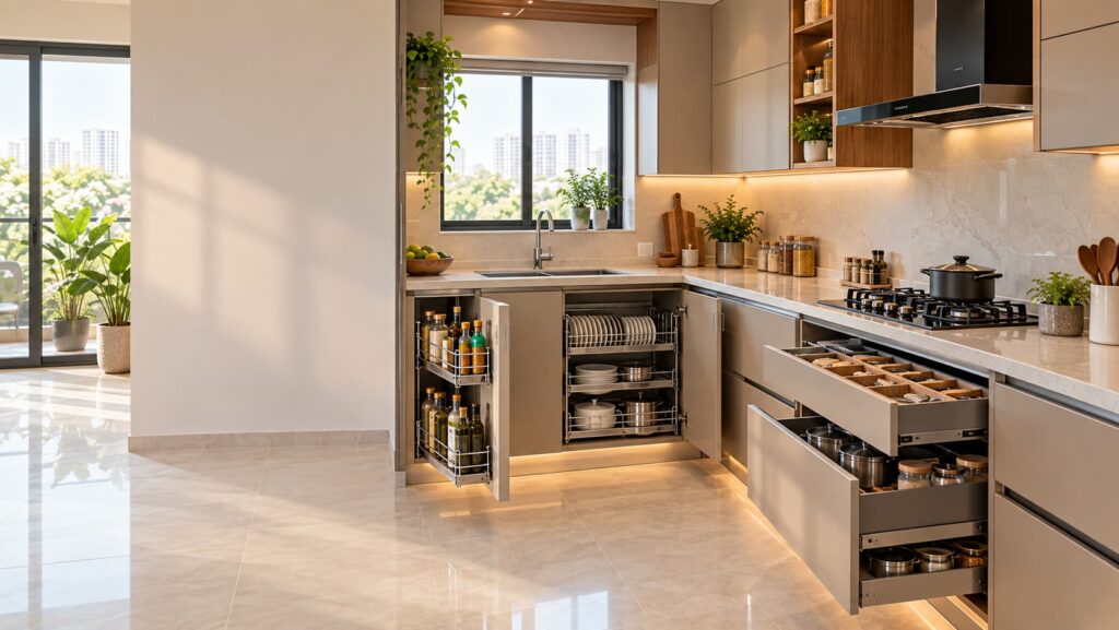 Modular kitchen with stainless steel baskets and organised storage accessories
